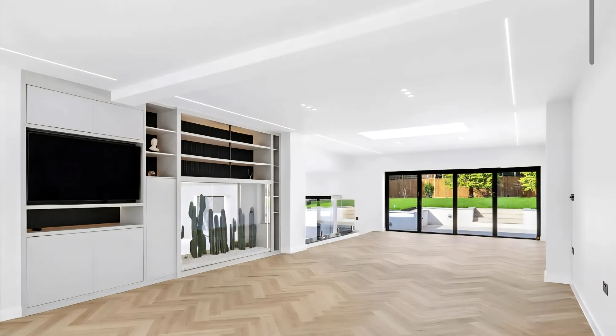 Media wall with built-in shelving
