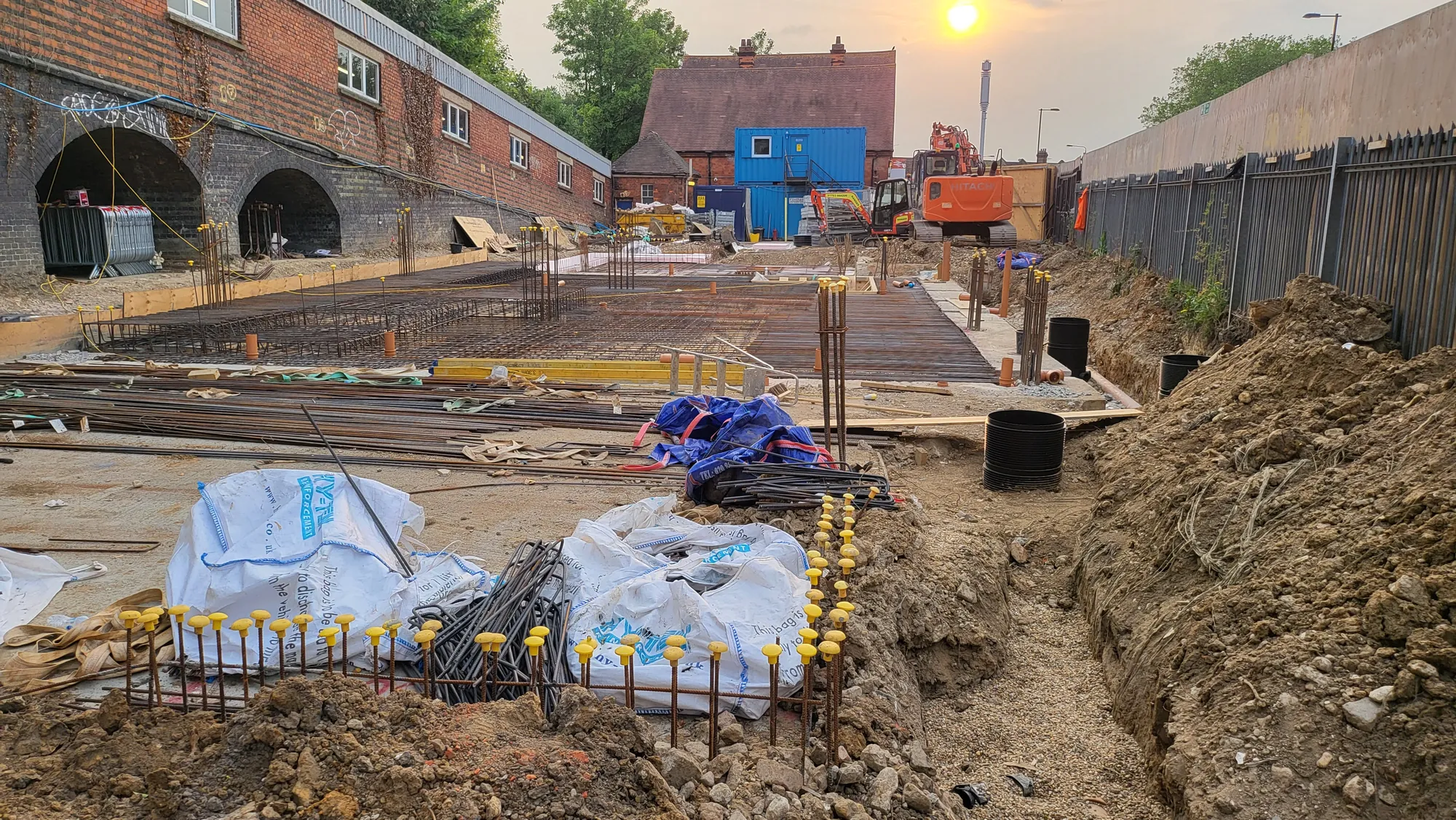 The drainage trench beside the slab reinforcement