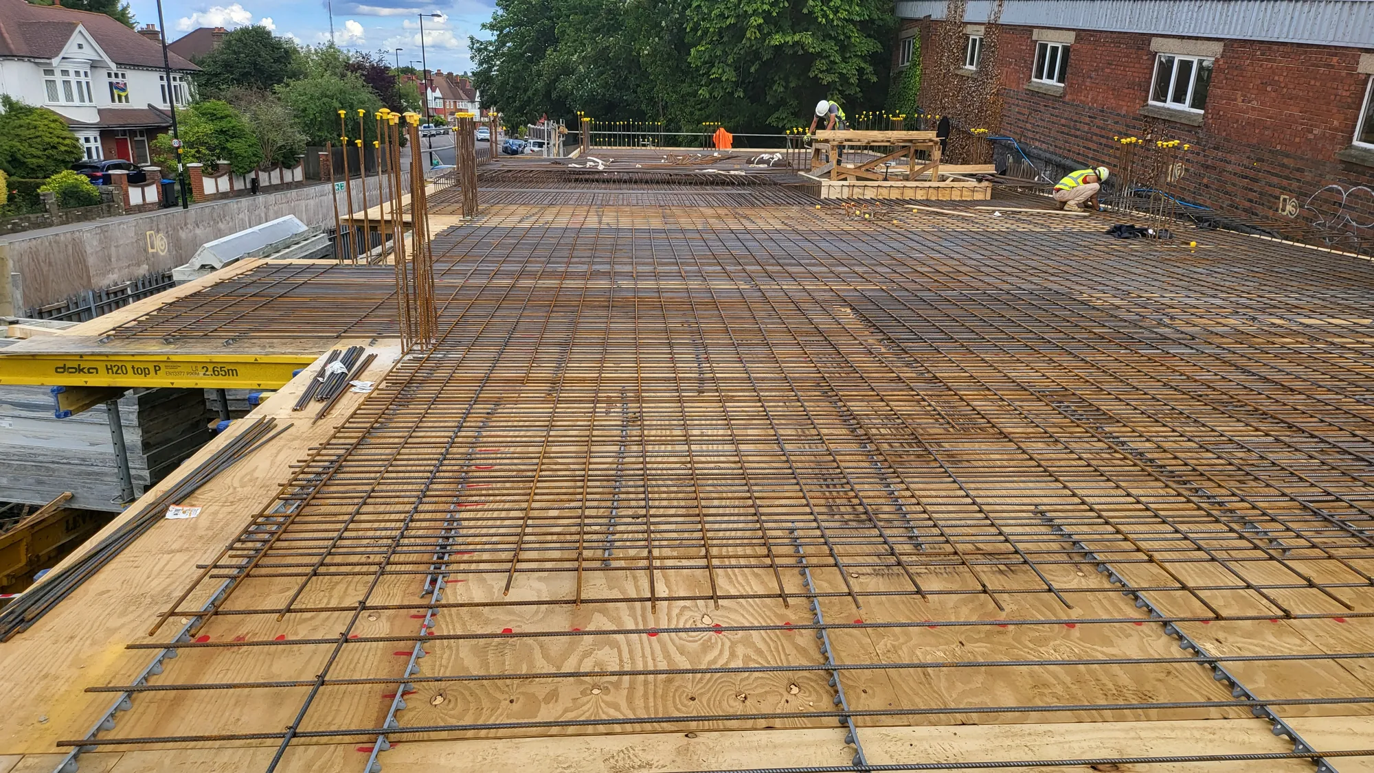 Reinforcement fixed across the formwork deck for the ground floor slab